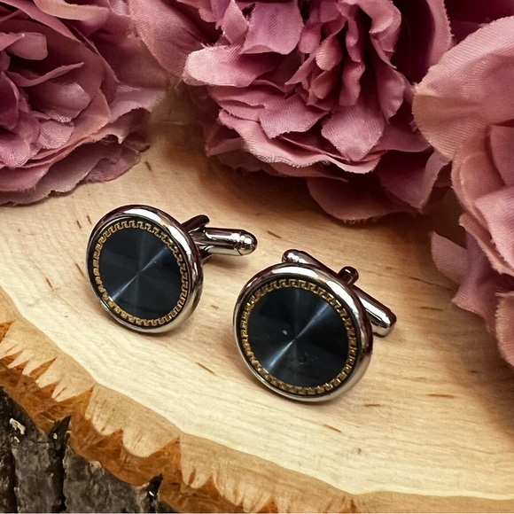 Elegant Royal Blue Gold Outlined Round Cufflinks Tuxedo Studs Formal 8 Pcs Set - Picture 10 of 16